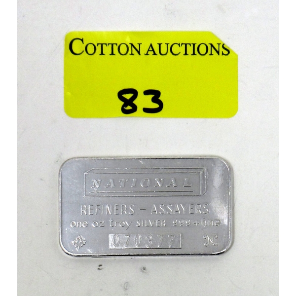 1 Oz .999+ Silver National Refiners Bar 
