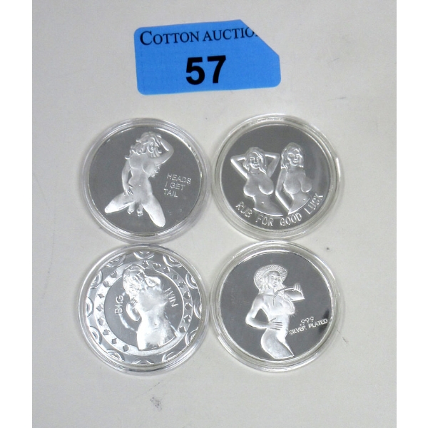 4 x Silver Clad Nude Girl Art Rounds 