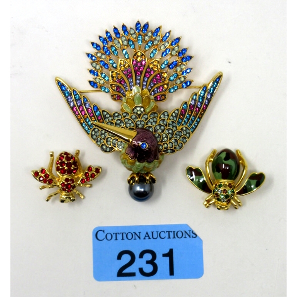 Joan Rivers 3.5" Bird Brooch & 2 Bee Brooches