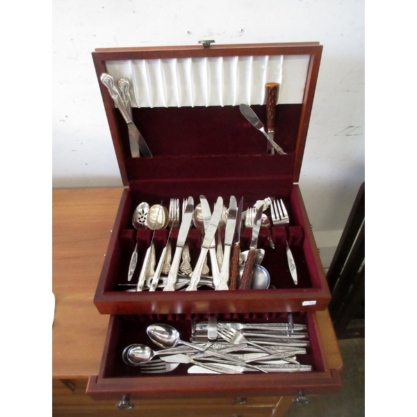 Wood Chest Full of Assorted Flatware