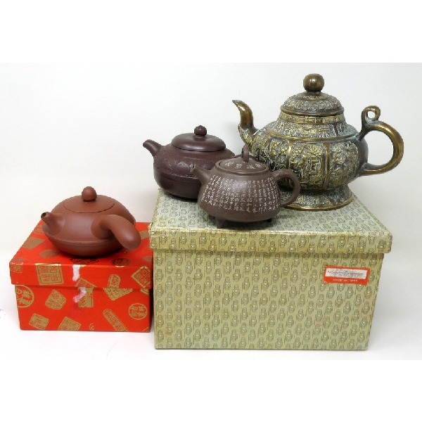 1 Brass & 3 Asian Pottery Teapots