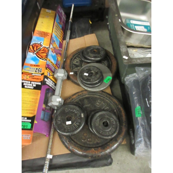 13 Piece Lot of Weight Bar, Dumbbell & Weight Plates