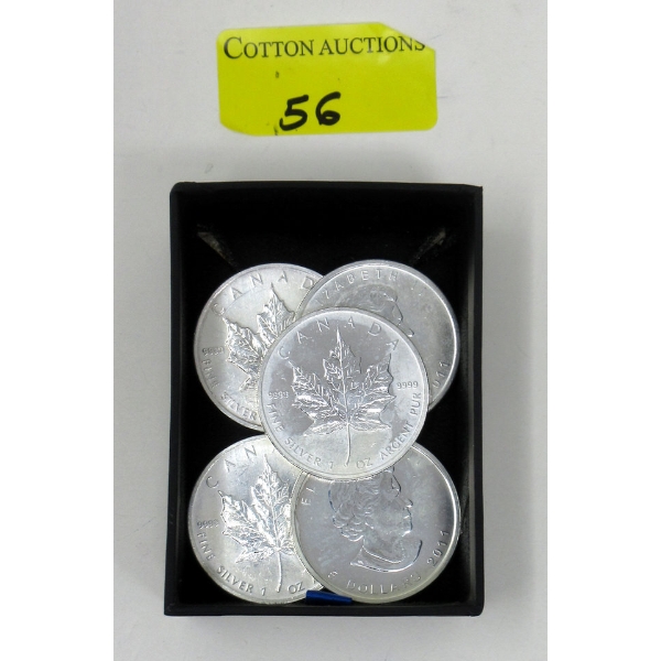 5 x 1 Oz .9999 Silver Canada Maple Leaf Coins 