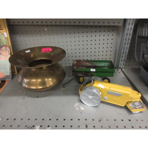 Brass Spittoon and 2 Vintage Metal Vehicles 