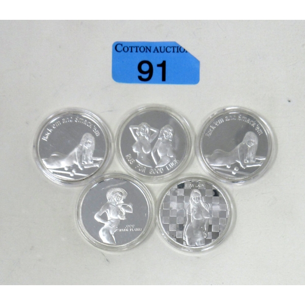 5 x Silver Clad NUDE Girl Art Round 