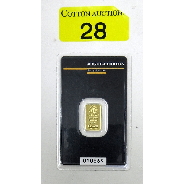 1/10 Oz/ 3.10 Grams .9999 Fine Gold Argor-Heraeus Certified Bar 