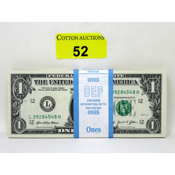 100 x $1 USD Uncirculated Sequential Numbered Federal Reserve Bundle 