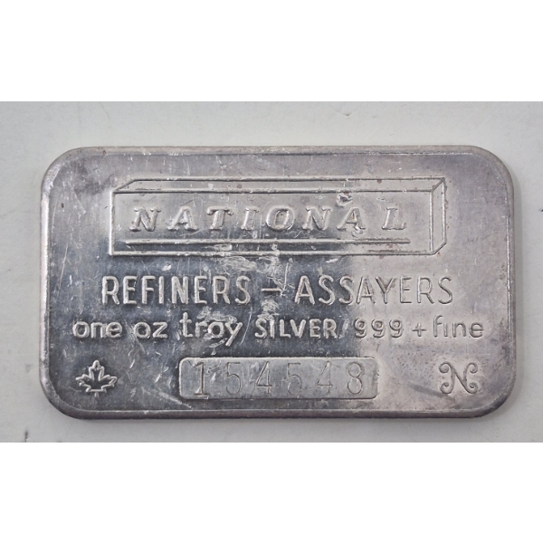 Vintage 1 Oz .999+ Silver National Bar 