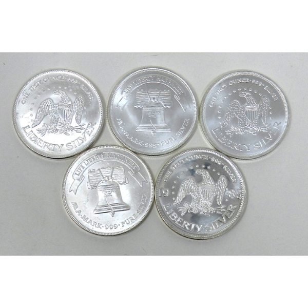 5 x 1 Oz .999 Silver Liberty Bell Round 