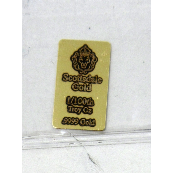 1/100 Oz .9999 Fine Gold Scottsdale Lion Bar 