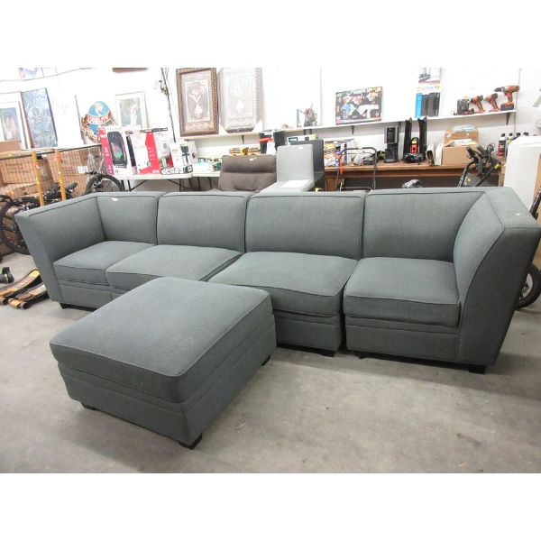 Grey Modular Fabric Upholstered Sectional w/Ottoman