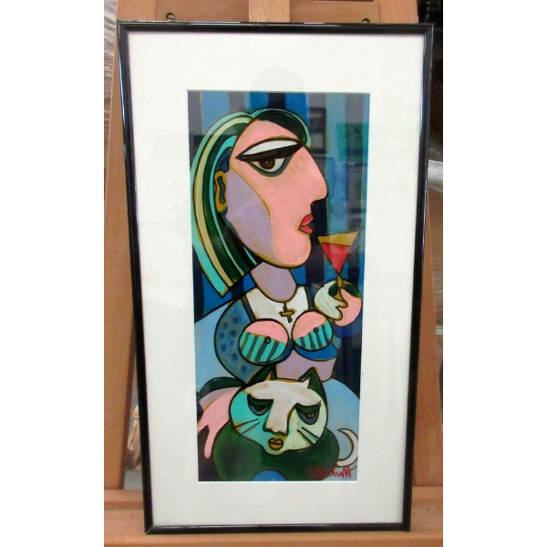 Abstract Art of A Girl & A Cat - Signature Unknown