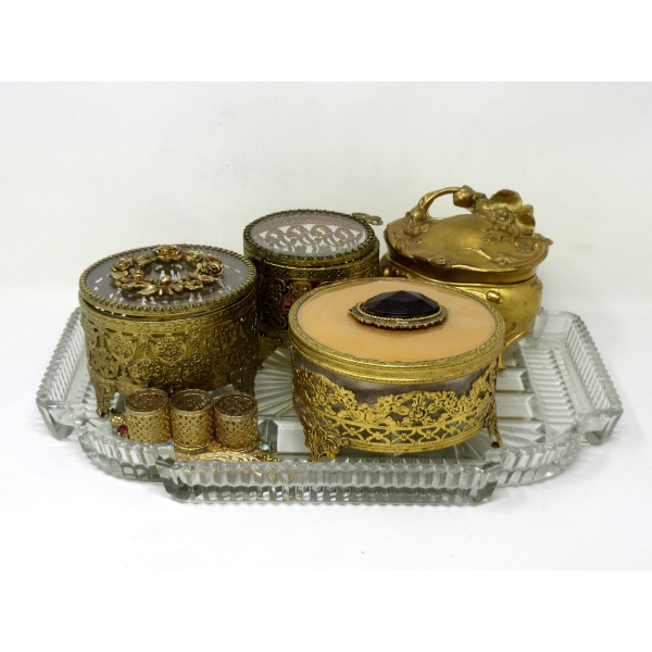 Vintage Glass Tray and Gold Filigree Dresser Items