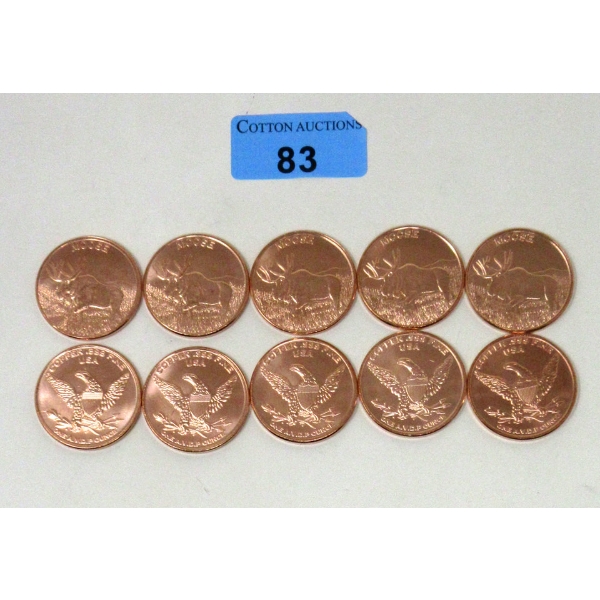 10 x 1 Oz .999 Fine Copper Moose Art Rounds