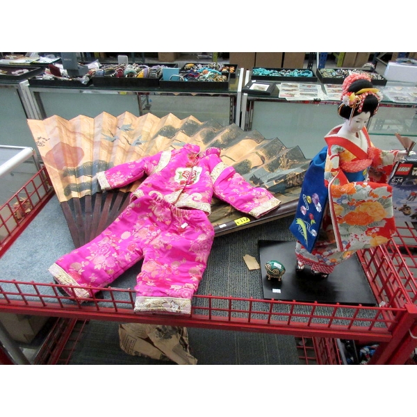 24" Japanese Doll, Wall Fan, Baby Outfit & Egg