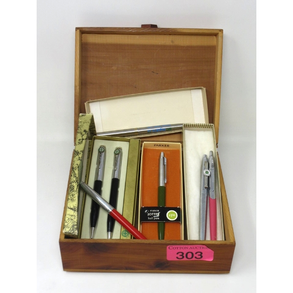 Wood Box with 7 Vintage Pens and Automatic Pencils