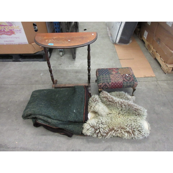 Halfmoon End Table, Foot Stool, Blanket & Sheepskin Rug