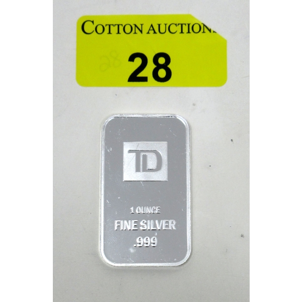 1 Oz .999 Silver TD Bank Investor Bar 