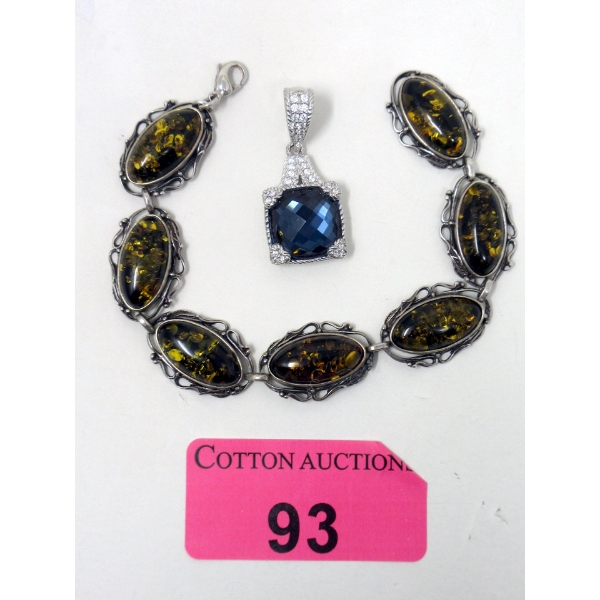 Sterling Silver Amber Gemstone Bracelet & Sterling Silver Judith Ripka Enhancer Pendant