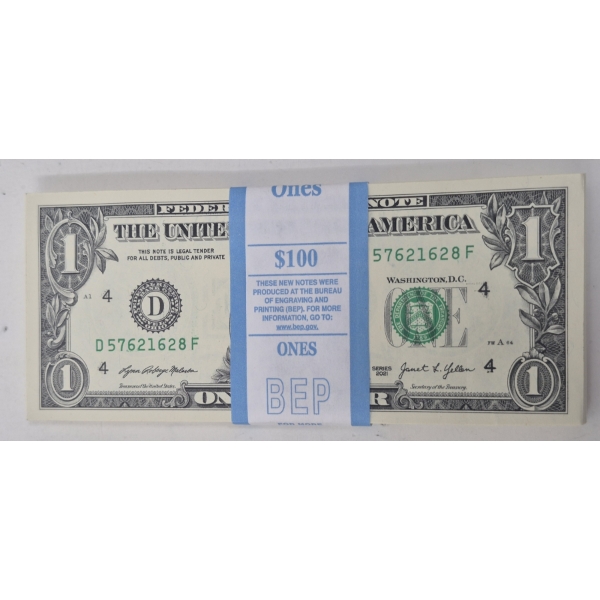 100 x $1 USD Uncirculated Federal Reserve Bundle 