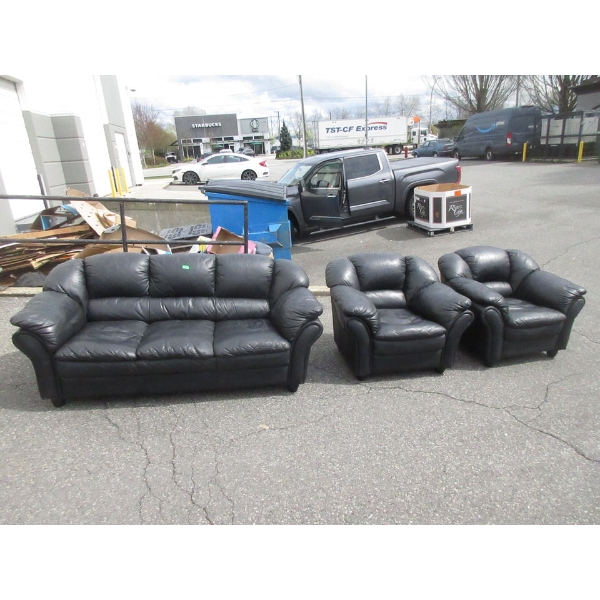 Black Leather 77" Sofa & 2 Arms Chairs