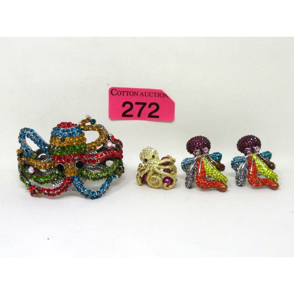3 Rhinestone Octopus Rings & 1 Octopus Bracelet