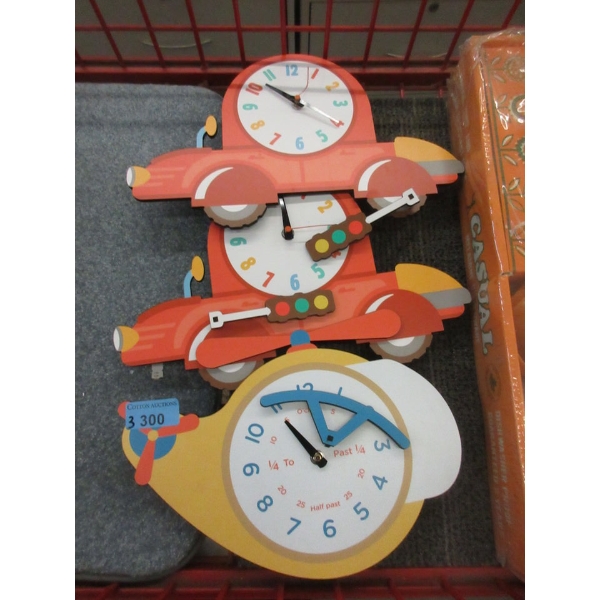 3 Children's Wall Clocks with Moving Pendulums