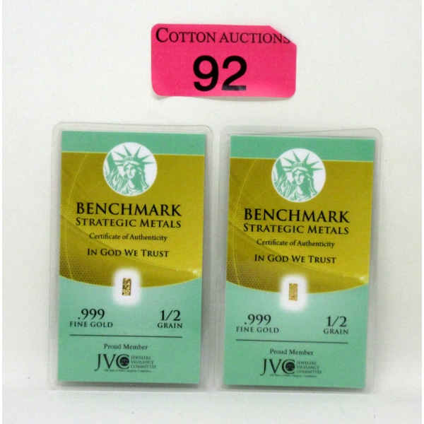 2 x 1/2 Grain .999 Fine Gold Certified Bars 