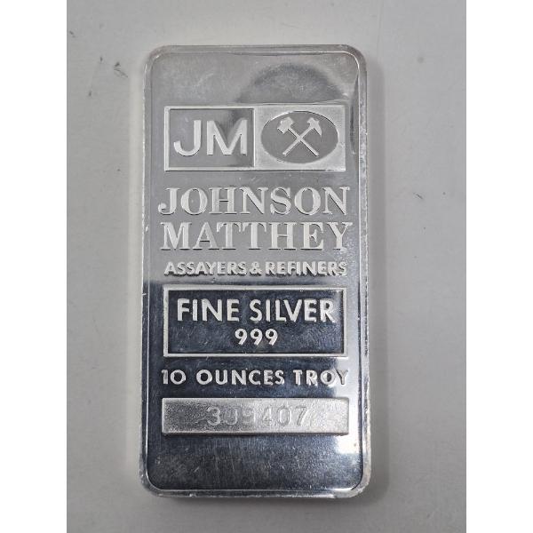 10 Oz .999 Silver Johnson Matthey Bar 
