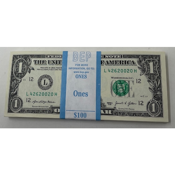 100 x $1 USD Uncirculated Federal Reserve Bundle 