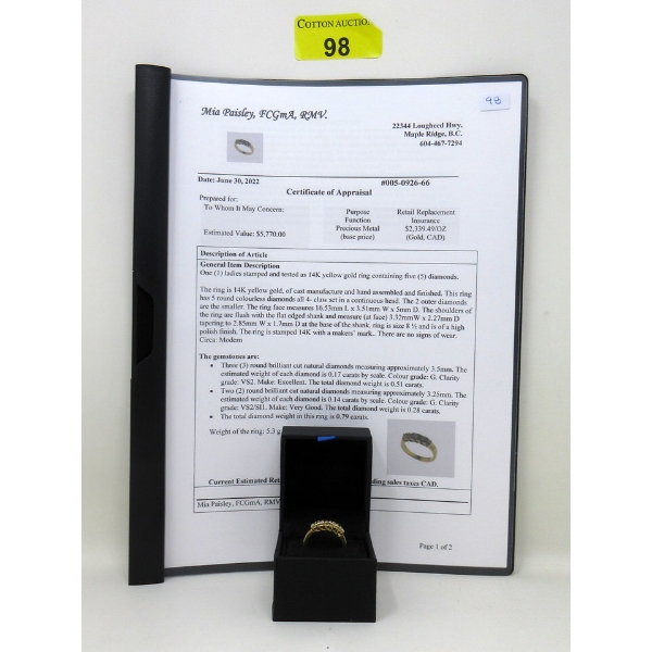 14 KT Yellow Gold 5-Diamond Ring - .79 CTW