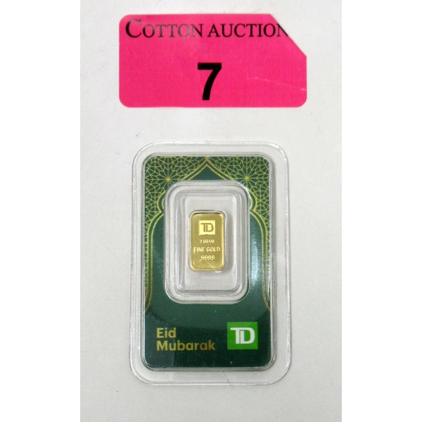 1 Gram .9999 Fine Gold TD Bank Investor Bar 