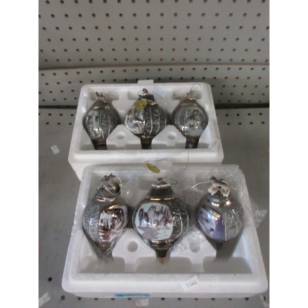 2 Sets of 3 Bradford Porcelain Wolf Ornaments