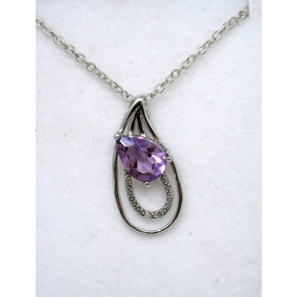 New Sterling Silver Amethyst Pendant w/ 2 Diamonds