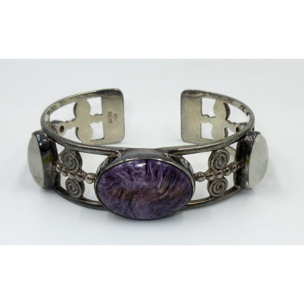 Sterling Silver Polished Gemstone Cuff Bracelet