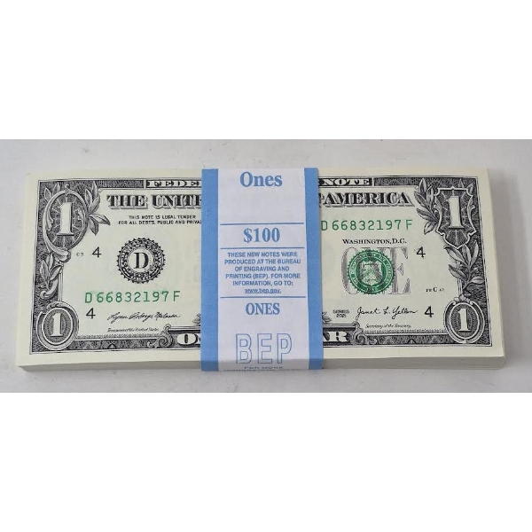 100 x $1 USD Uncirculated Federal Reserve Bundle