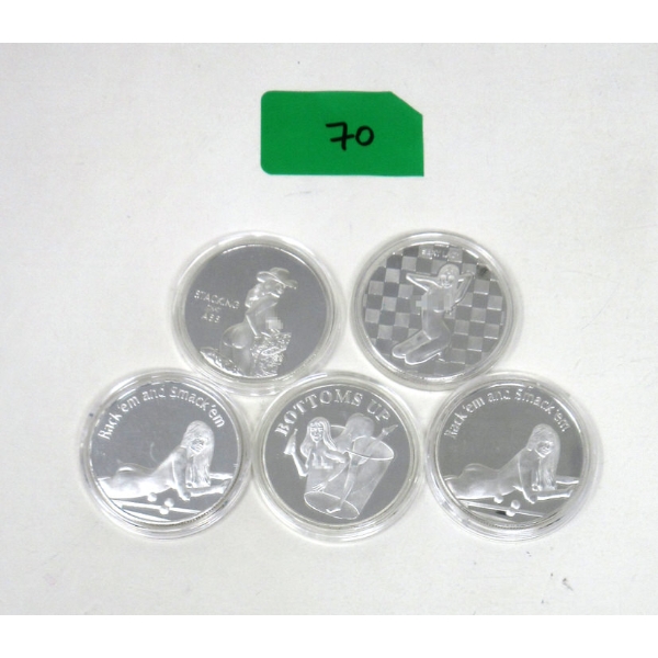 5 x Silver Clad NUDE Girl Art Round 