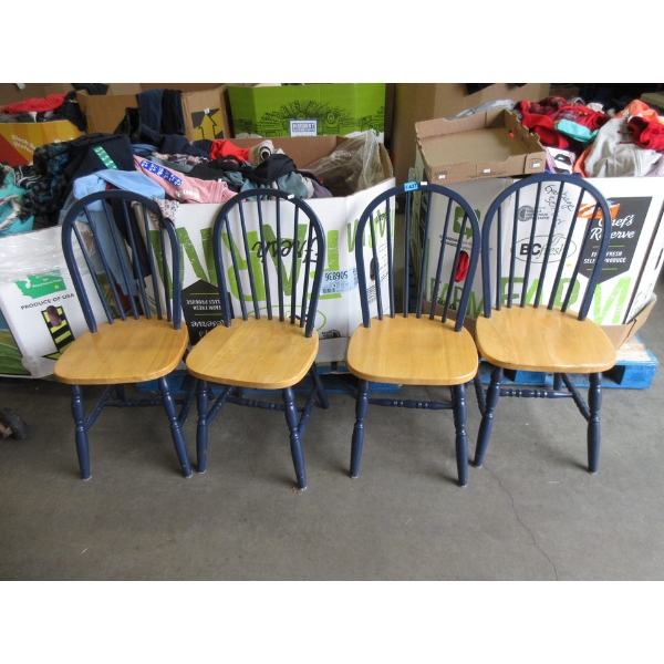 4 Pine Wood Chairs with Blue Backs & Legs