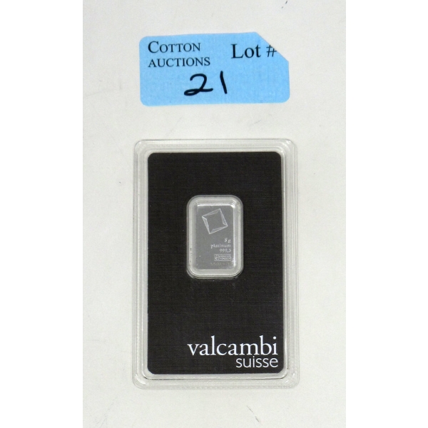 5 Gram .9995 Fine Platinum Valcambi Suisse Certified Bar 