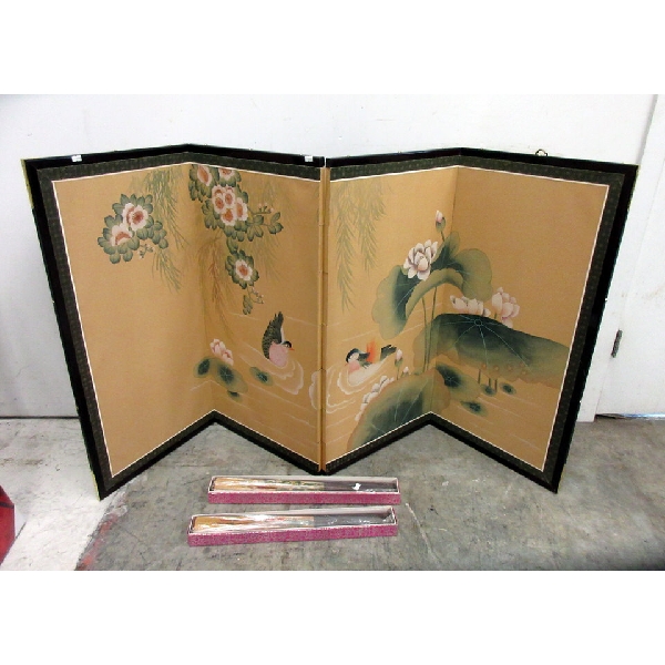 Asian Folding Screen & 2 New 19" Folding Fans