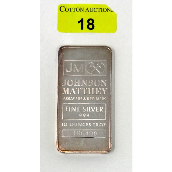 10 Oz .999 Silver Johnson Matthey Bar 