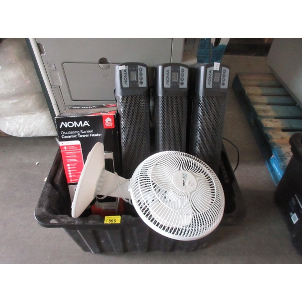 Tote Containing Table Fan & 4 Noma Heaters