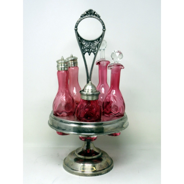 Rogers Bros. Cruet Holder with Ruby Glass Cruet Set