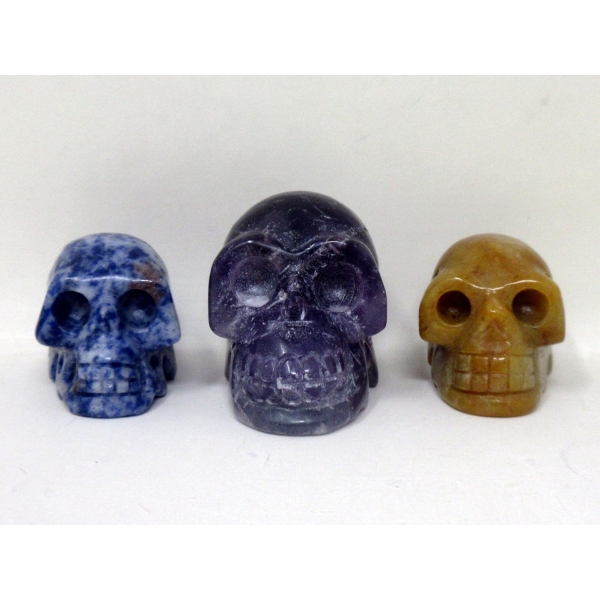 3 Hand-Carved 3D Gemstone Skulls 
