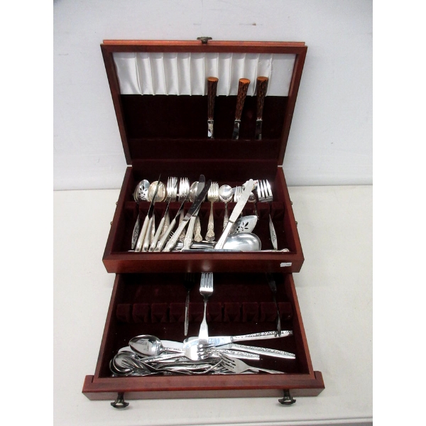 Wood Chest Full of Silverplate & Other Flatware