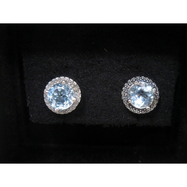 New Sterling Silver Blue Topaz & Diamond Stud Earrings