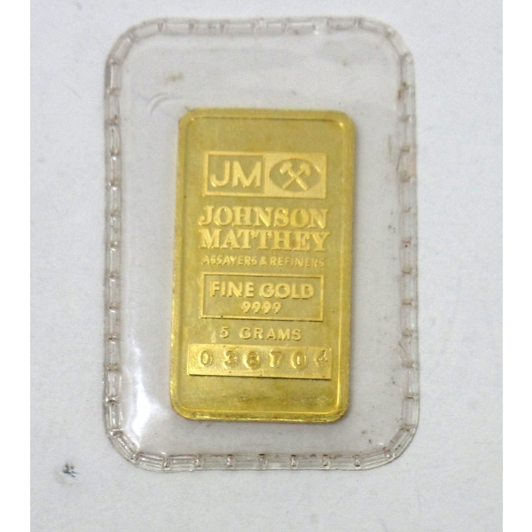 5 Gram .9999 Fine Gold Johnson Matthey Bar 