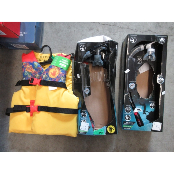 2 Body Glove Snorkels and a Child's Flotation Vest