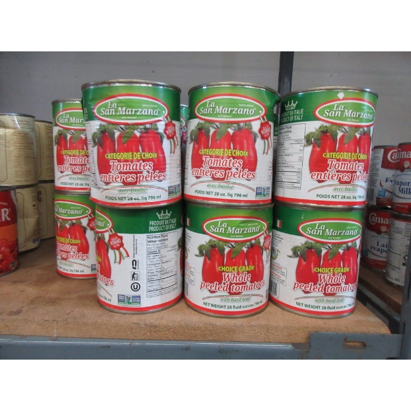 19 Tins of Whole Peeled Tomatoes with Basil - Dented Cans