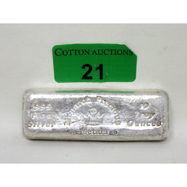 10 Oz .999 Silver Monarch Mint Hand-Poured Bar 